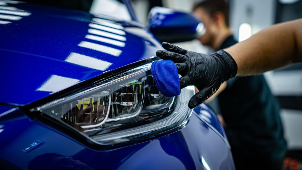 Comparison of oxidized versus restored car headlights showing brighter illumination and clearer road visibility for safer night driving.