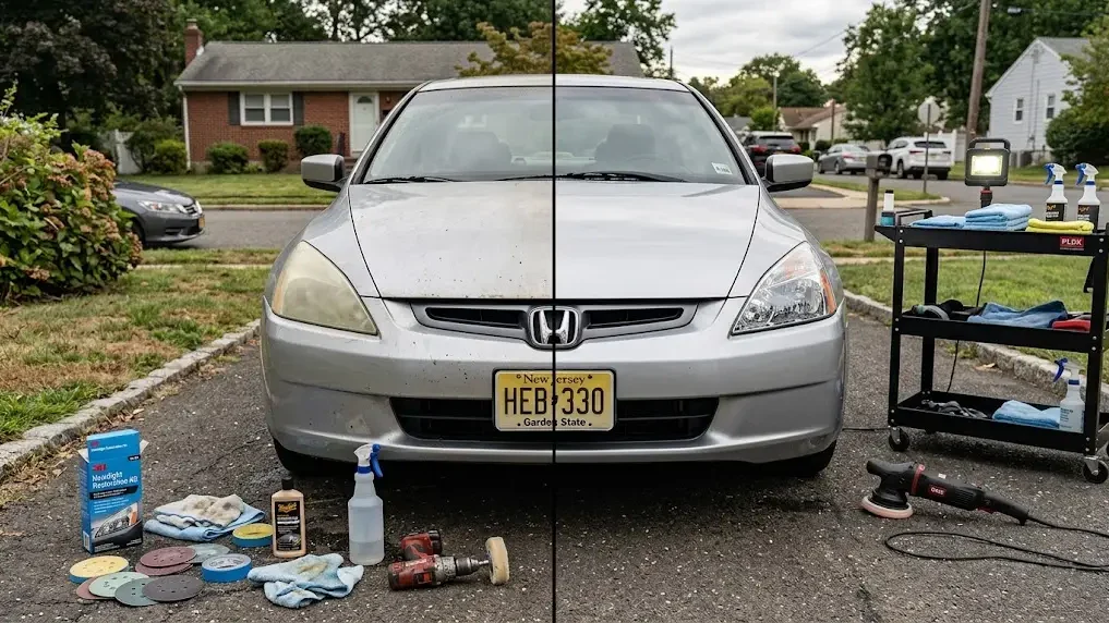 Headlight restoration Brick NJ technician polishing and restoring a hazy car headlight lens