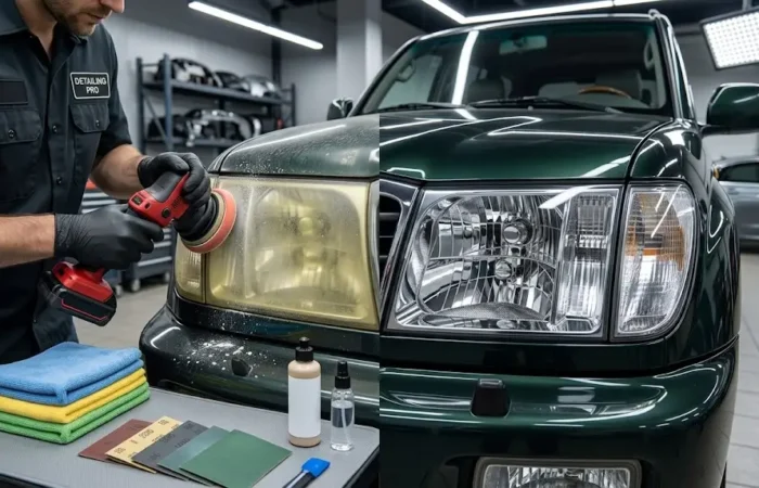 Professional headlight restoration Brick NJ service removing yellow oxidation from a cloudy vehicle headlight