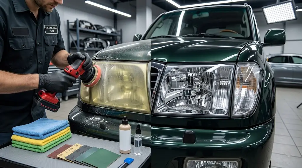 Professional headlight restoration Brick NJ service removing yellow oxidation from a cloudy vehicle headlight