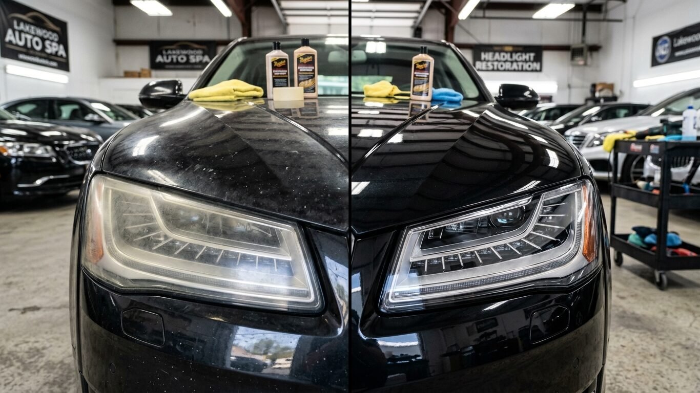 Expert technician performing headlight restoration cost in Lakewood NJ service on cloudy yellow headlights