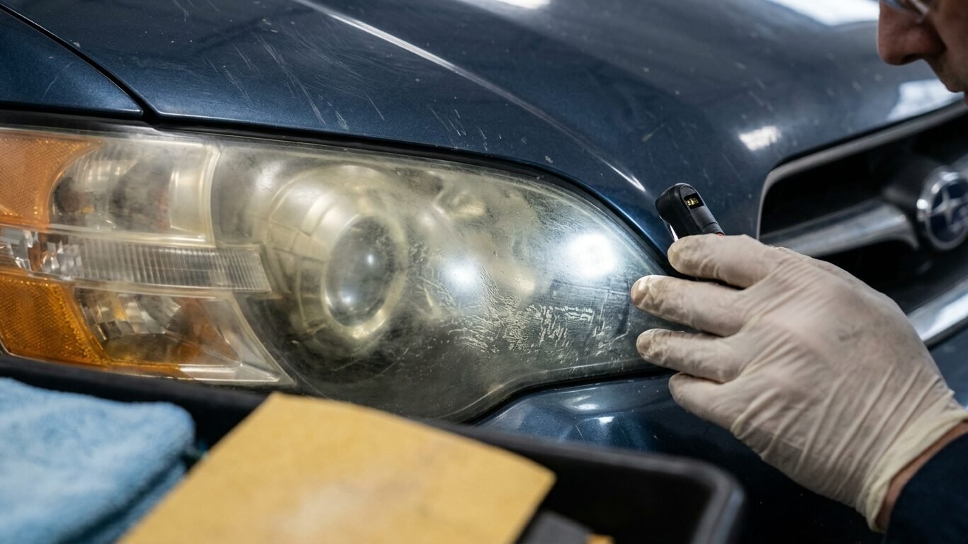 Headlight inspection for headlight restoration cost in Lakewood NJ with professional restoration equipment.