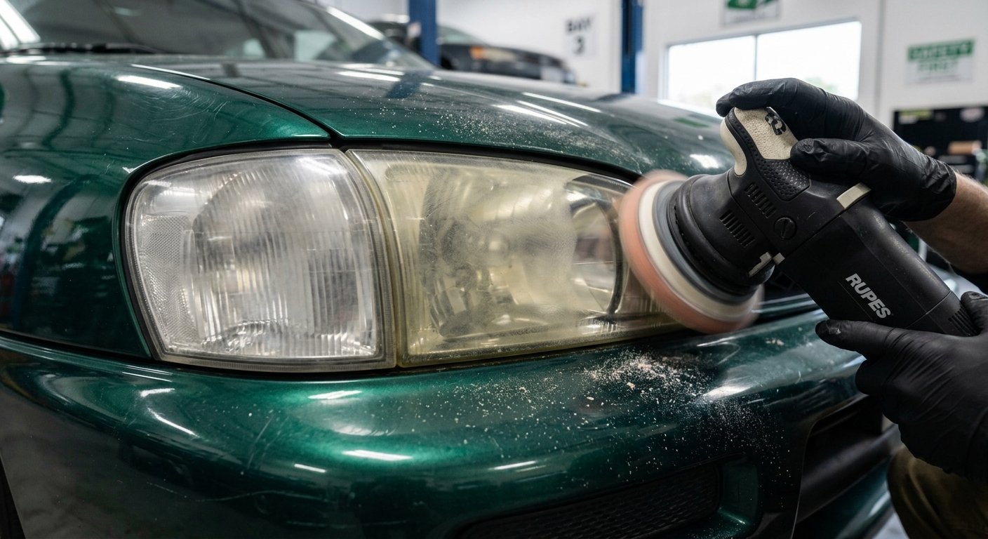 Professional headlight restoration Lakewood NJ showing a yellowed headlight restored to a clear finish.