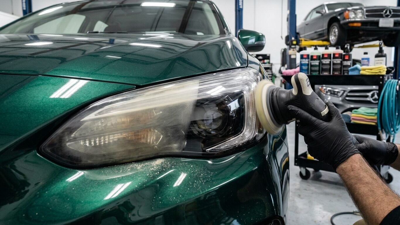 Professional headlight restoration Lakewood NJ technician polishing a cloudy vehicle headlight lens.