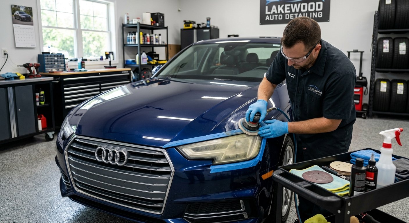 Professional headlight restoration showing headlight restoration cost in Lakewood NJ service before and after.